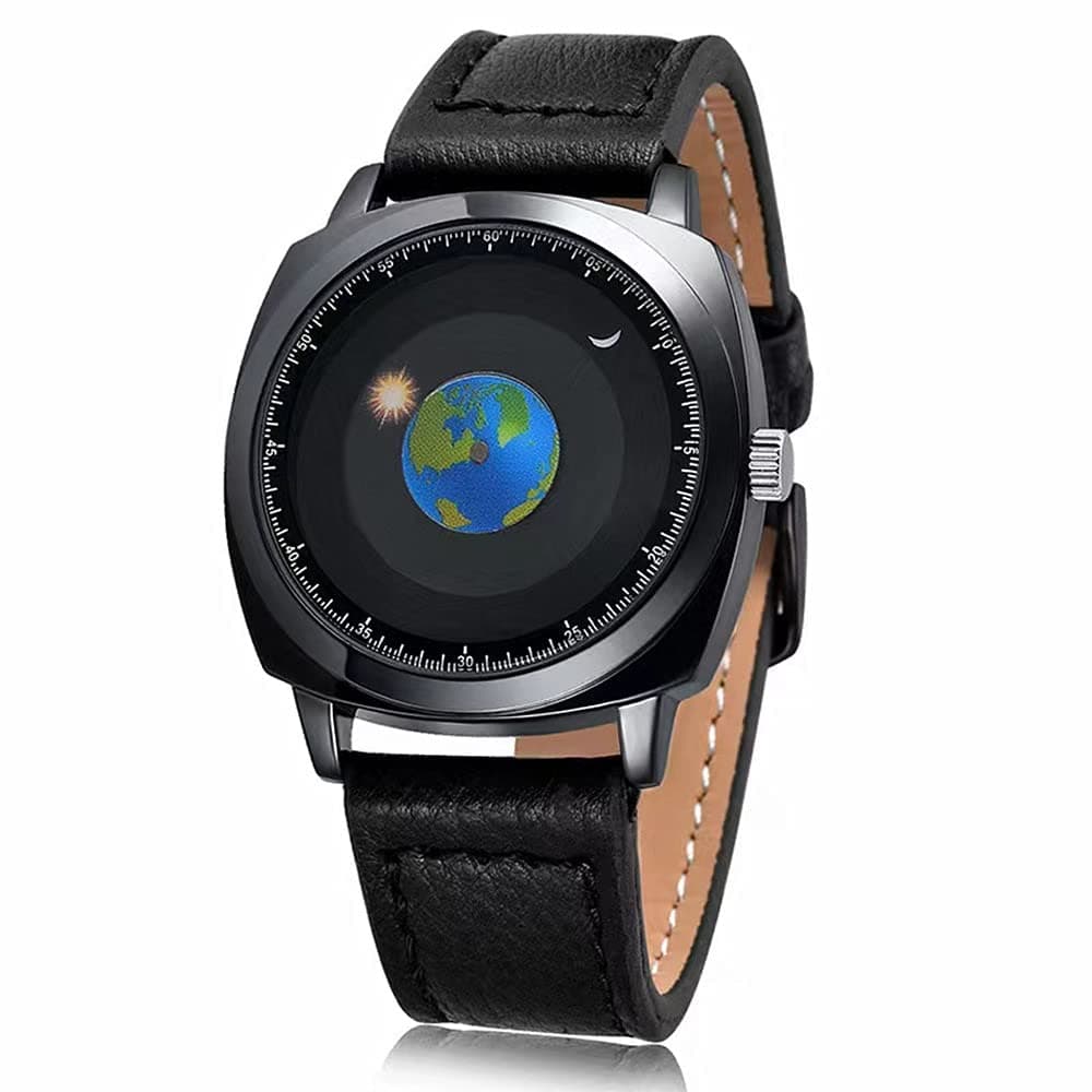 Waterproof World Map Watches for Men Classic Earth Globe Moon Sun Rotating Eye-catching Cool Unique Mens Watches