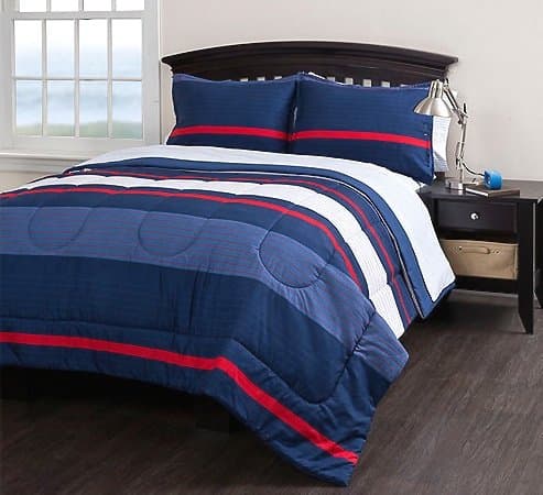 Hero Stripes Twin XL Comforter, Sheets, Sham Red White and Blue & Home Style Exclusive Sleep Mask (6 Pc Bedding Bundle)