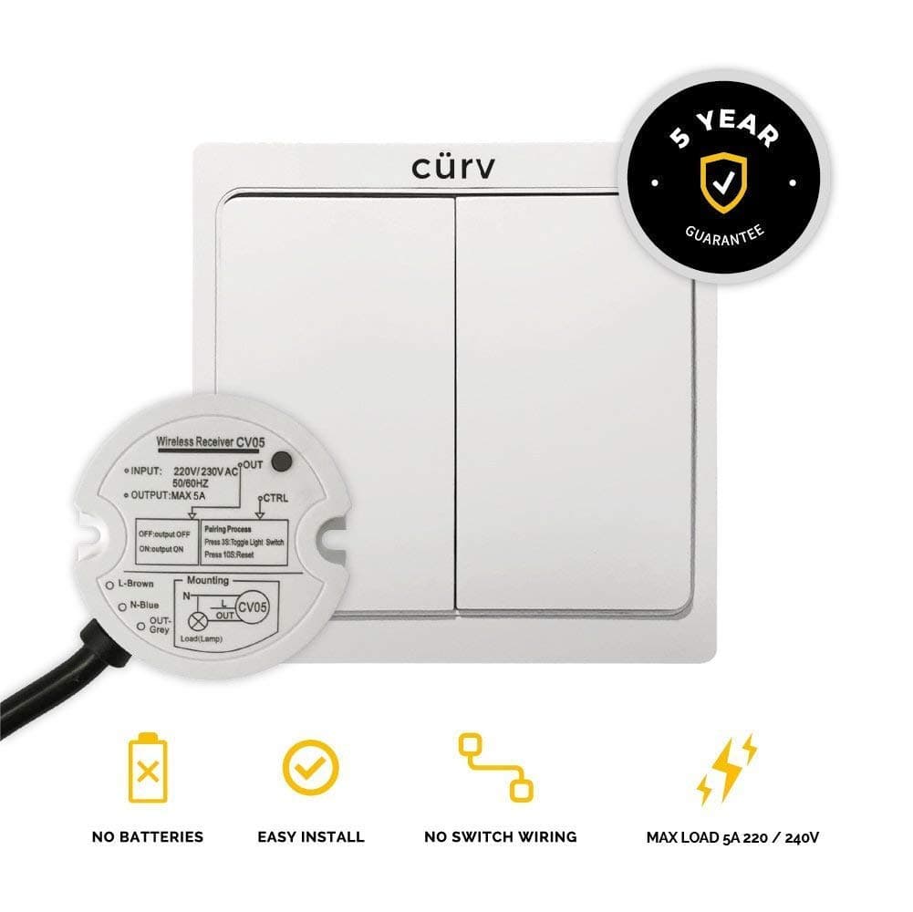 Self Powered Wireless Kinetic Switch - 2 Gang Switch & 2 x Receivers Complete with Fixing kit & Multiple Coloured surrounds (White/Gold/Silver)