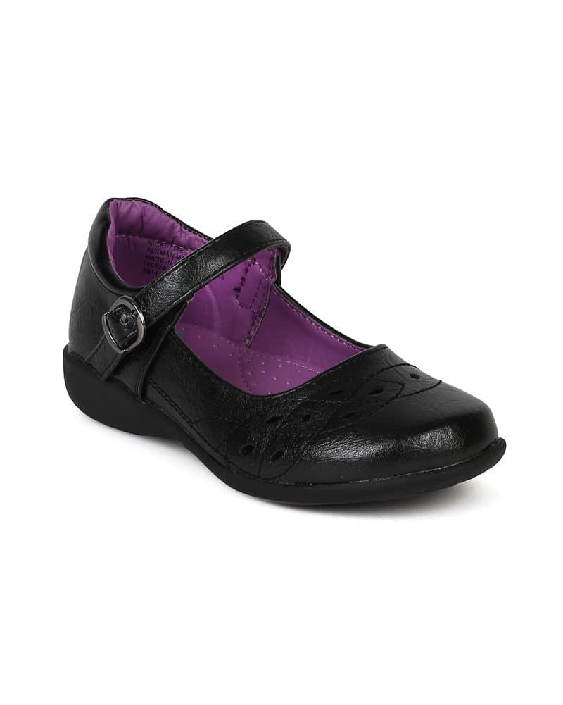 Leatherette Perforated Decor Strap School Uniform Shoes (Toddler/Little Girl/Big Girl) BC74 - Black