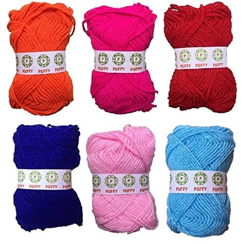 Puffy® 6 pc Combo Wool Ball. Hand Knitting Art Craft Soft Fingering Crochet Hook Yarn, Needle Knitting Multicolor Dyed Thread
