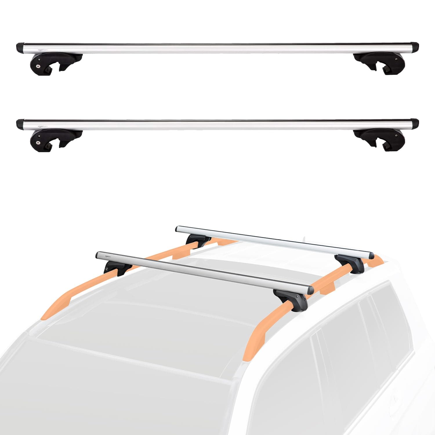 Amazon Basics Cross Rail Roof Rack, 56 inches, Fits up to 49.6" Spans between Raised Side Rails with Gap, 2-Pack, Black/Silver