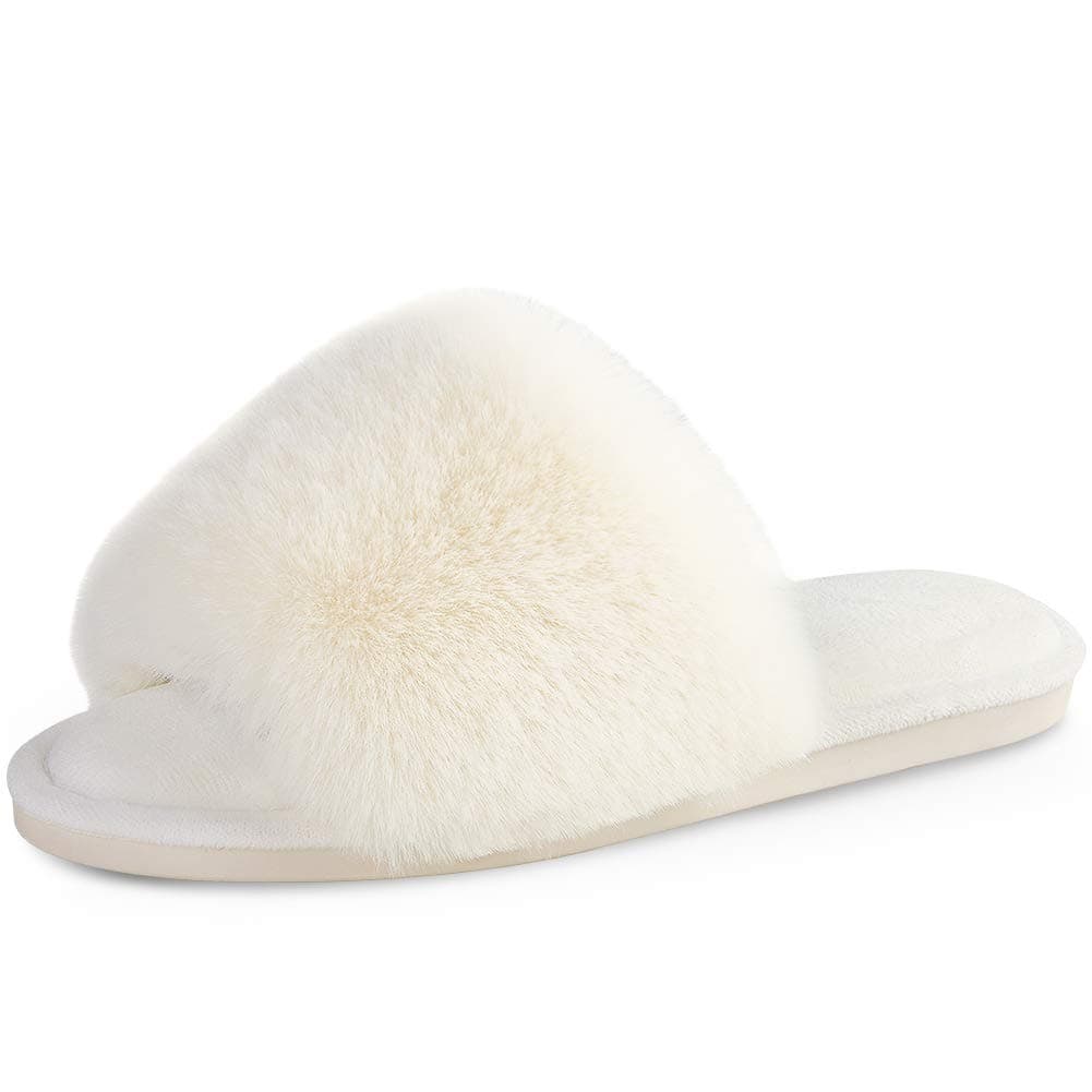 Women's Faux Fur Slippers Fuzzy Flat Spa Fluffy Open Toe House Shoes Indoor Outdoor Slip on Memory Foam Slide Sandals