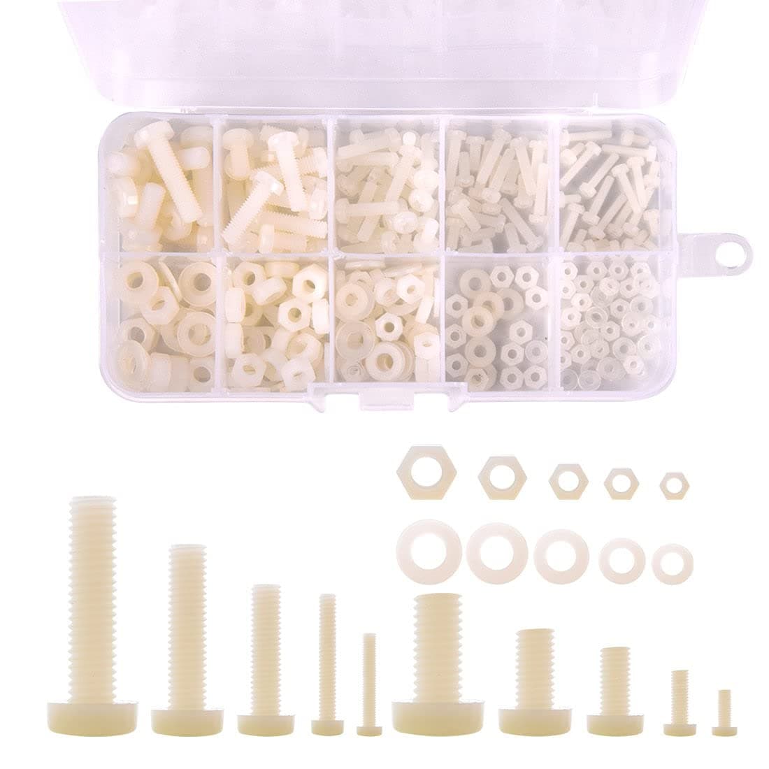 Hotgod M2 M2.5 M3 M4 M5 (Total 270pcs) Nylon Screw/Nut/Washer Assortment Kit Come with Plastic Box