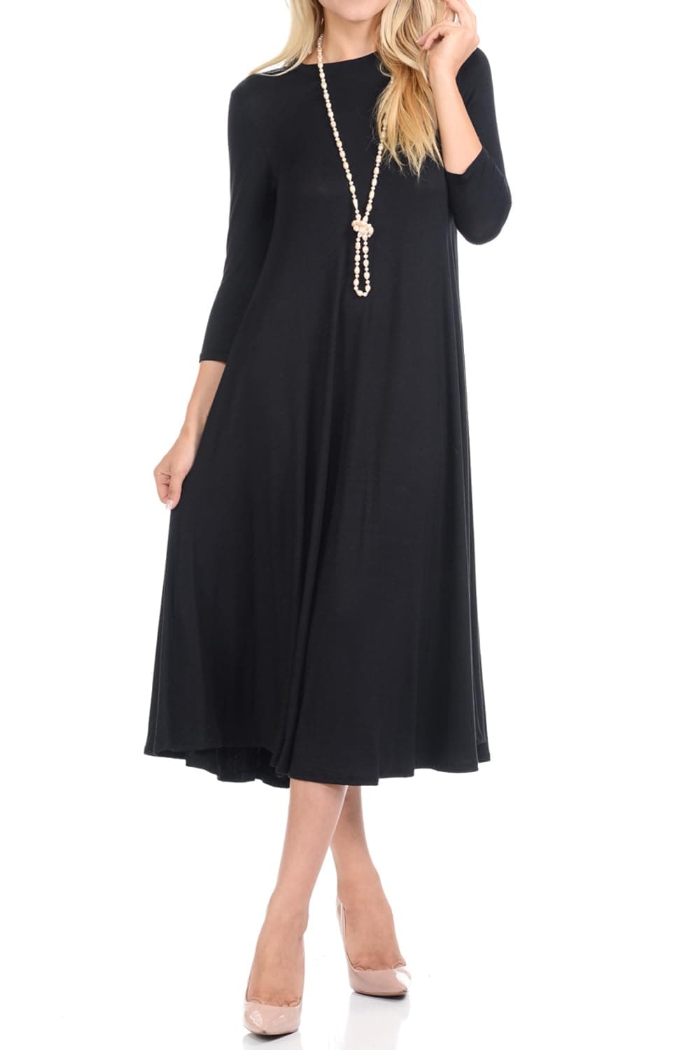 Women's Swing Midi Dress – 3/4 Sleeve Flowy A-Line Tunic – Soft, Stretchy, Comfortable, and Versatile