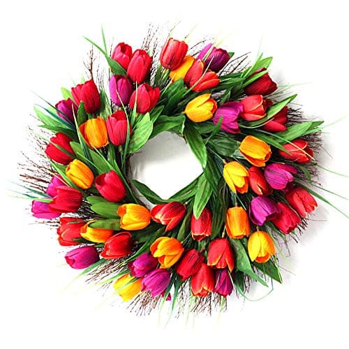 VKTY Front Door Wreath Decoration 45cm 17.7 Artificial Tulip Wreath Garland Home Party Wedding Decor Wreath Hanging on Wall Window Door Indoor Outdoor Garden, Tulip
