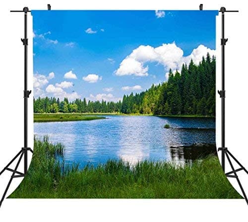 Blue Lake Backdrop Blue Sky and White Clouds Photography Background Forest Nature Landscape Picture for Photo Booth Backdrops YouTube Backgrounds Theme Party Backdrop Props 6x6FT ST660282