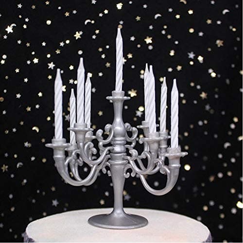 Mini Plastic Candle Holder Stand with 7Pcs Candelabra Taper Beautiful Vintage Candlestick Cake Topper Desk Ornament for Wedding Event Birthday Party Candelabra Cake Topper Silver