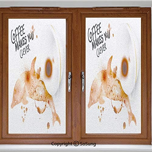 24x24 inch Window Privacy Film,Get Smart Be Clever Drink Coffee Inspiration Espresso Cappuccino Non-Adhesive Static Cling Frosted Window Film,Window Stickers for Kids Home Office