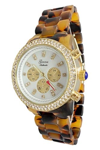 Geneva Authentic Tortoise Shell Chronograph Look Mother of Pearl Dial Women's Watch L1075FS