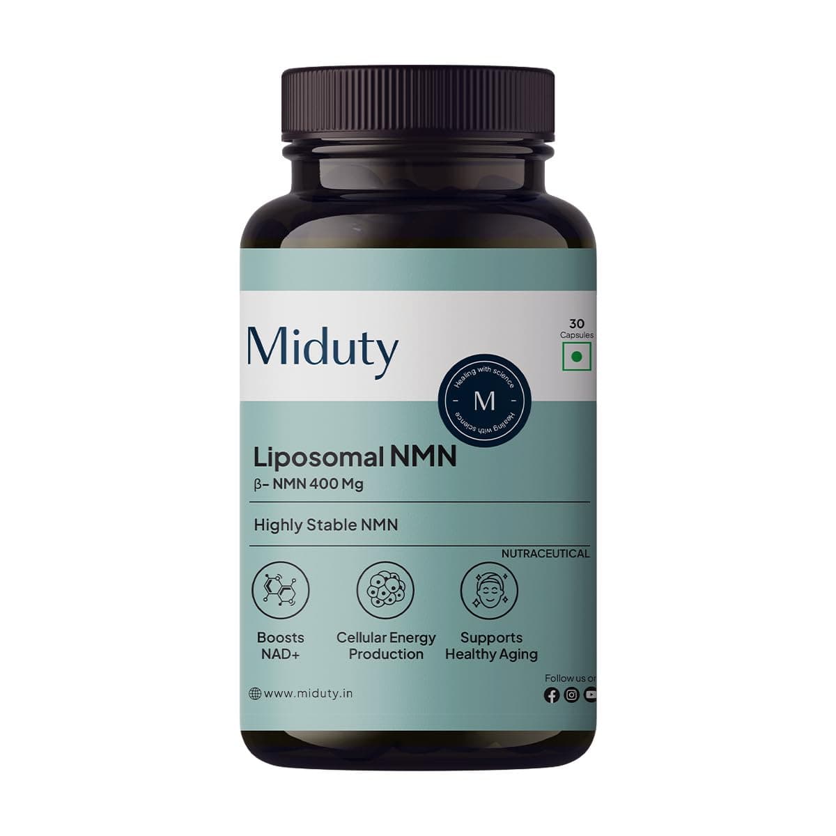 Miduty Liposomal NMN 85% Highly Stable 400 mg Supplement | Nicotinamide Mononucleotide for Anti-Aging, NAD+ Support & Cellular Health | Beta-NMN Capsule | 30 Capsules