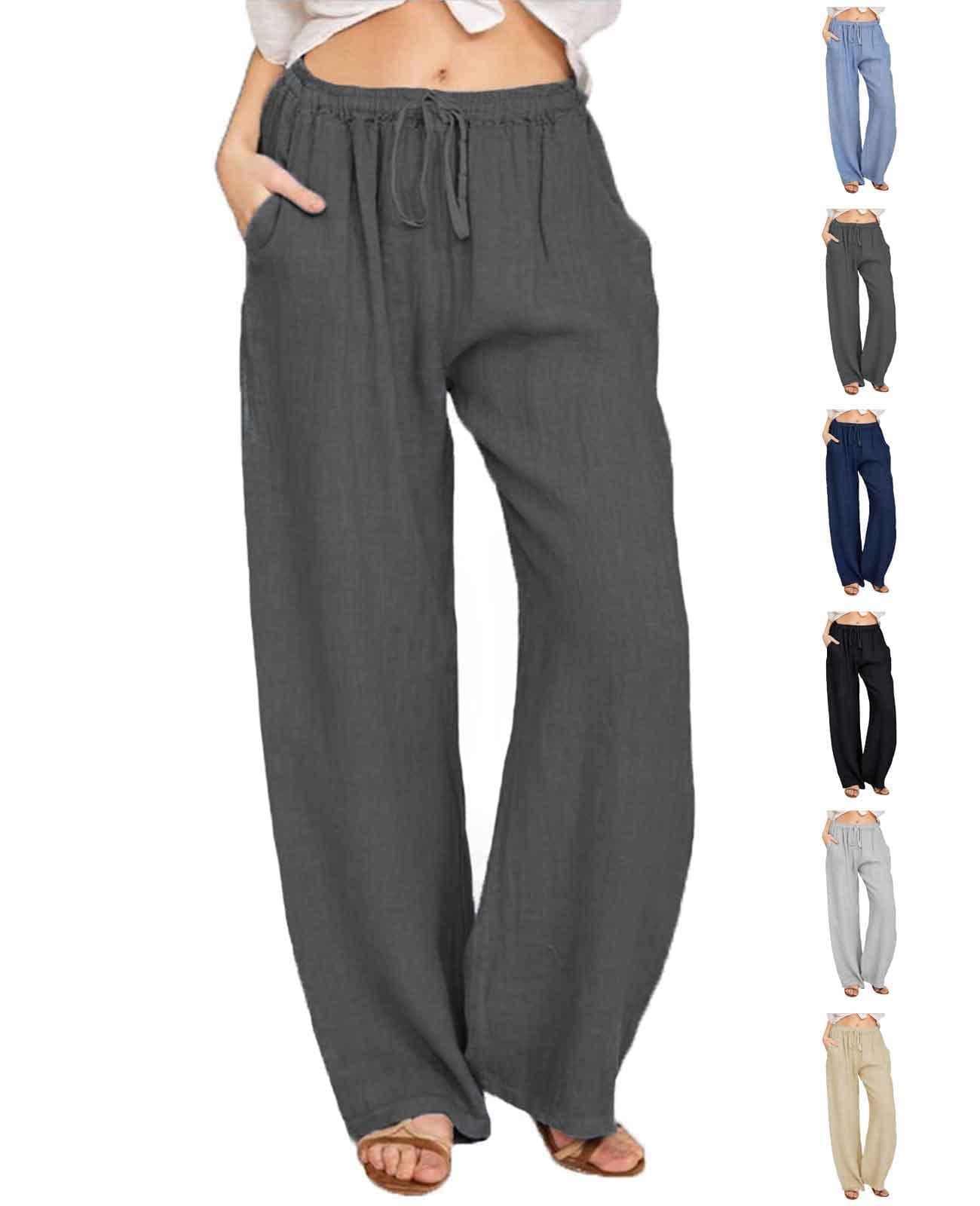 Women Linen Summer Casual Baggy Trousers Elastic Waist Drawstring Pants with Pockets Loose Fit Plain for Women UK