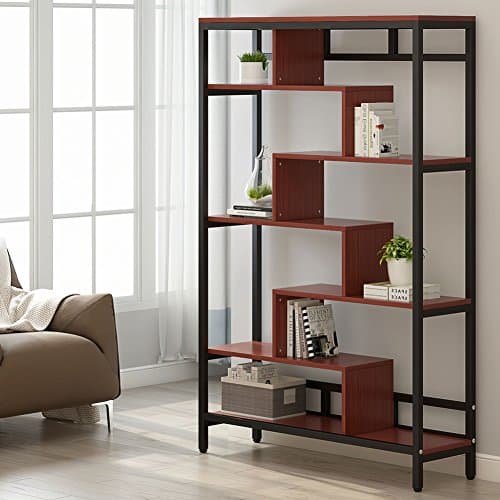 LITTLE TREE Industrial Bookshelf, Home Furniture 7-Shelf Bookcase, Modern Contemporary Cube Storage and Display Shelves, Cherry