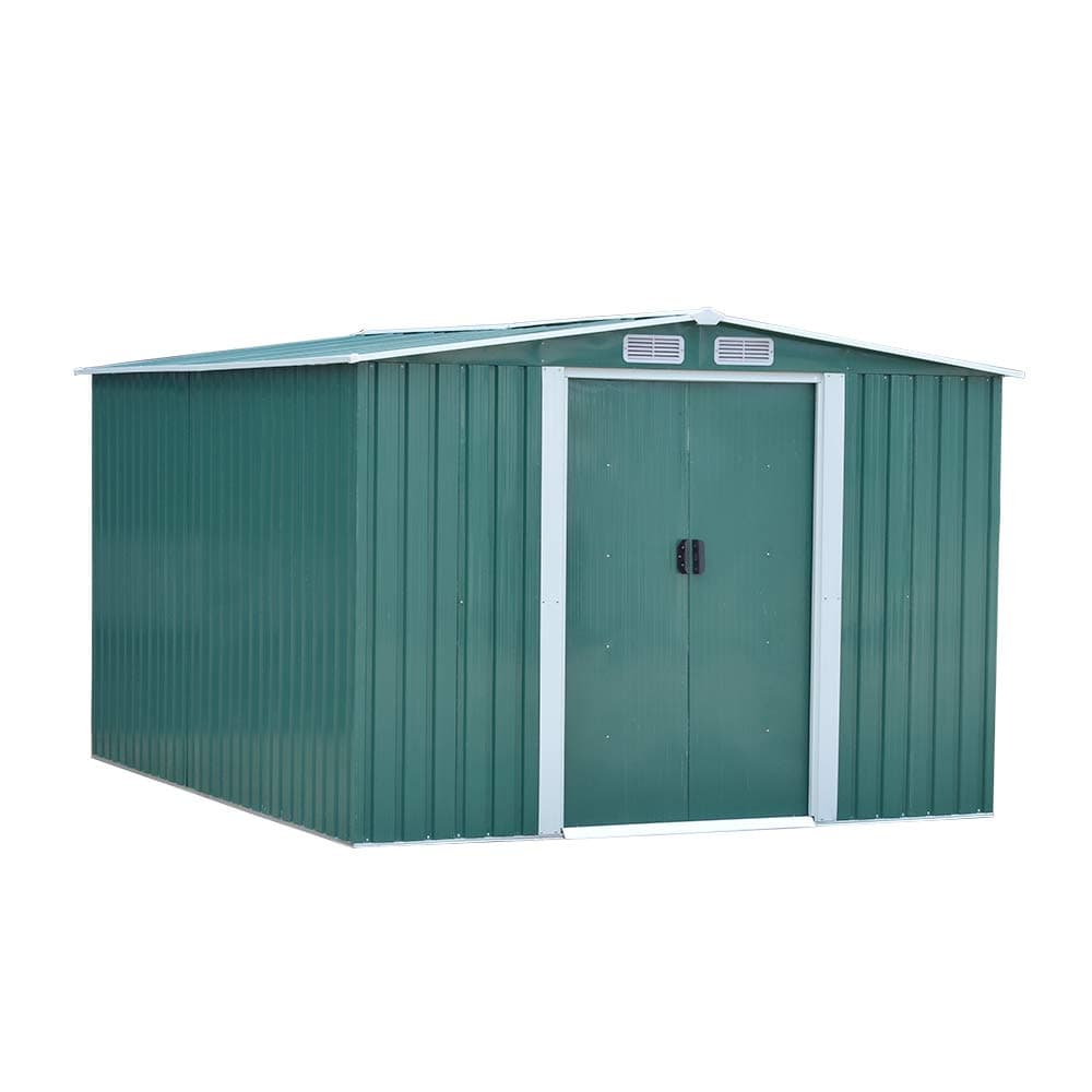 Garden Sheds Tool Storage House Metal Garden Apex Roof Storage Shed Door on 8FT Side (Green, 10x8)