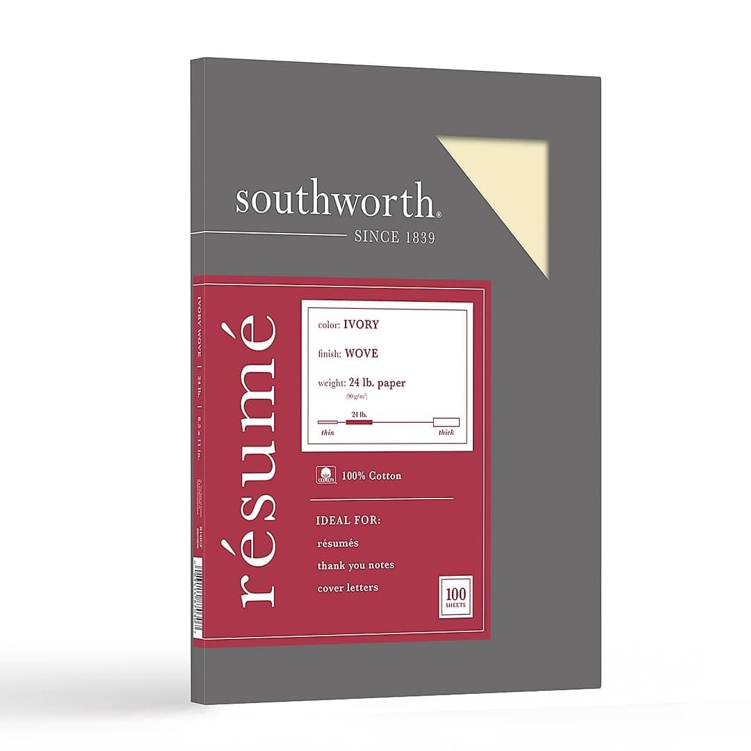 Southworth 25% Cotton Resume Paper, 8.5" x 11", 24 lb/89 gsm, Wove Finish, White, 100 Sheets (R14ICF)