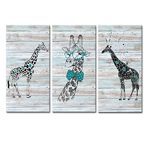 DekHome Funny Animals Canvas Prints 3 Cute Giraffes Picture on Wood Background Canvas Wall Art for Bedroom Nursery Room Decor Ready to Hang 12"x24"x3pcs
