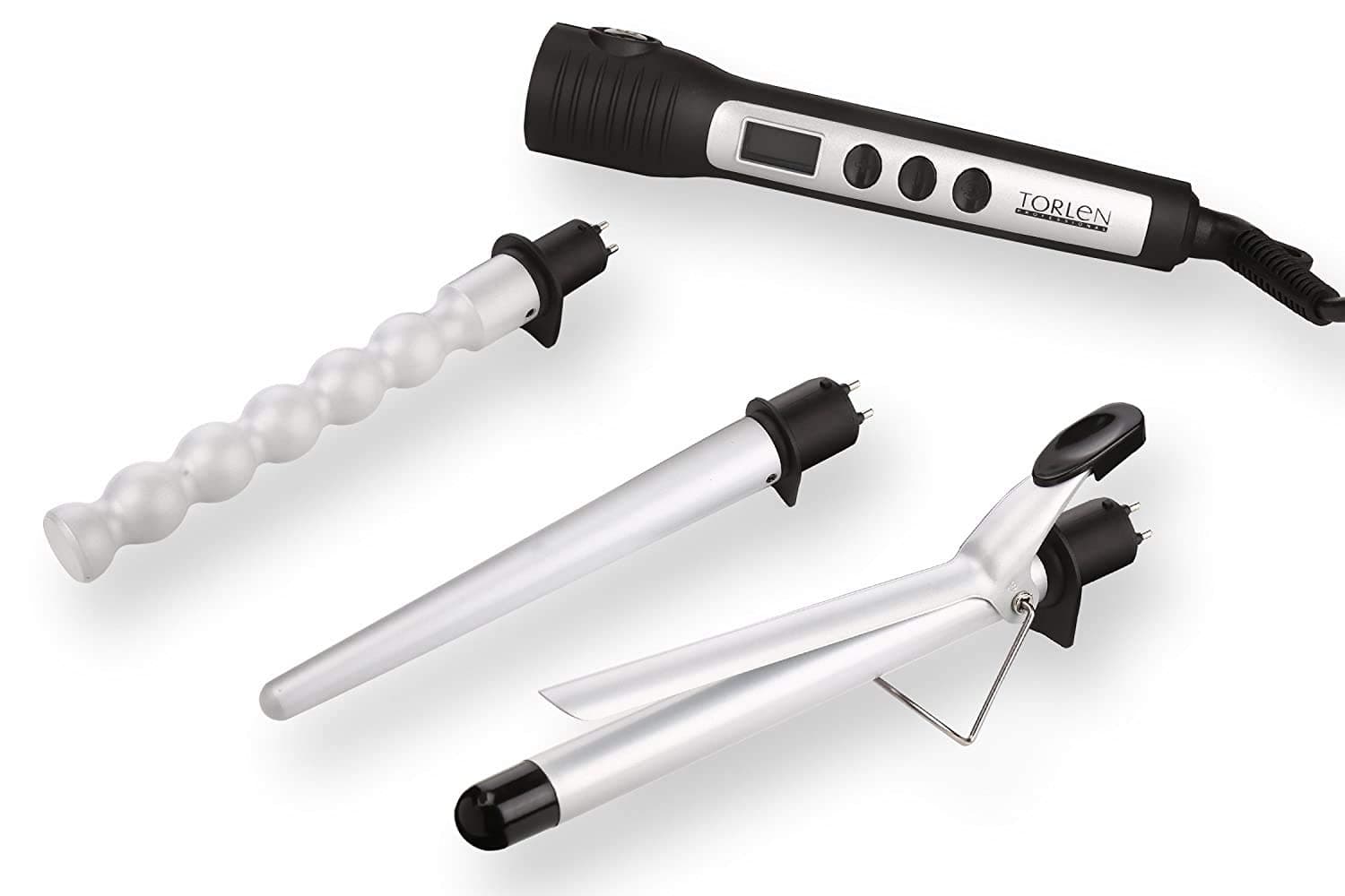 TORLEN PROFESSIONAL Interchangeable Hair Curling Iron with Temperature Controller Set of 3 Straight, Bubble n Conical Tong for Salon n Parlor, Silver