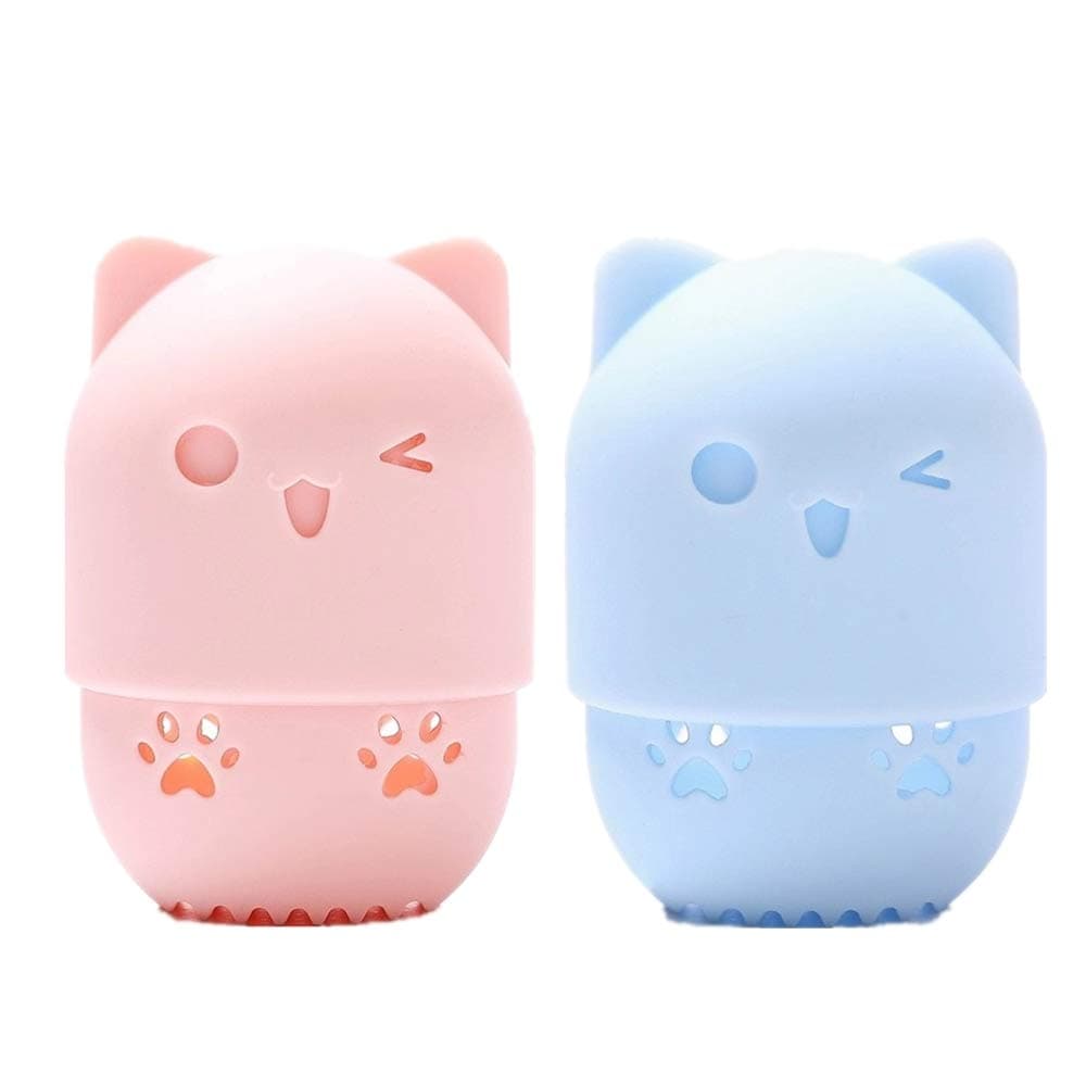 2 Pcs Makeup Sponge Travel Case Makeup Sponge Holder Travel Case Cute Cat Shape Cosmetic Sponge Drying Holder Rack Washable & Reusable Makeup Blender Container for Home