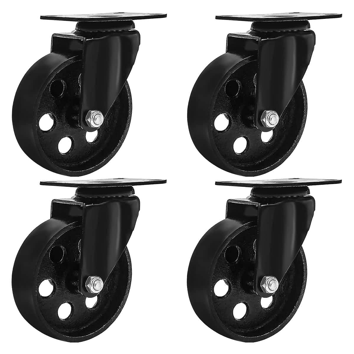 FactorDuty 4 All Black Metal Swivel Plate Caster Wheels Heavy Duty High-gauge Steel (4" No Brake)