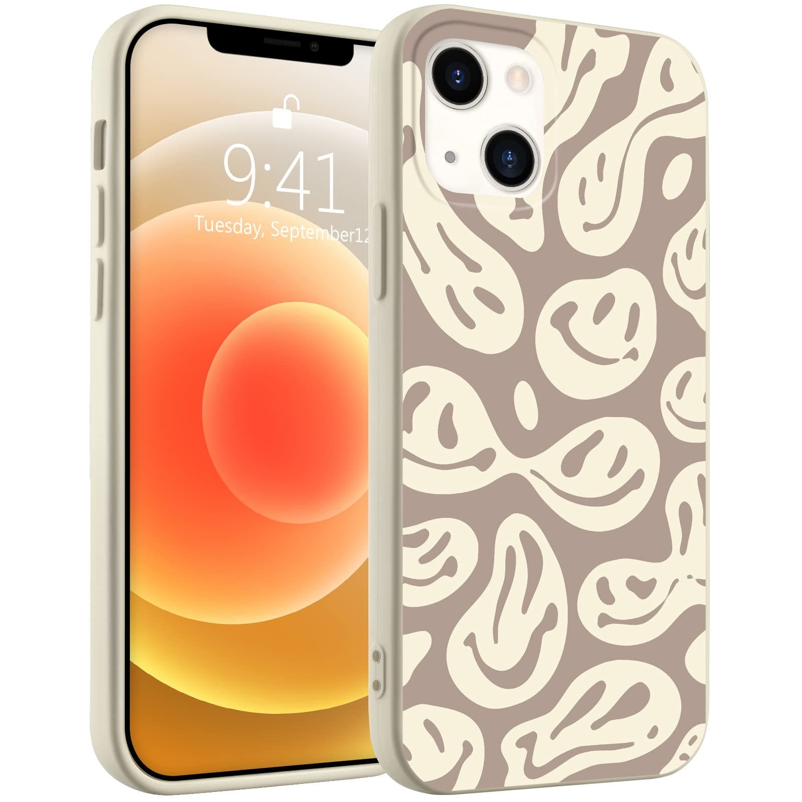 Idocolors Cute Funny Face Phone Case for iPhone 12/12 Pro,White Liquid Silicone Girly Cases,Cartoon Soft Gel Rubber Full-Body Protective Microfiber Lining Shockproof Coffee Cover