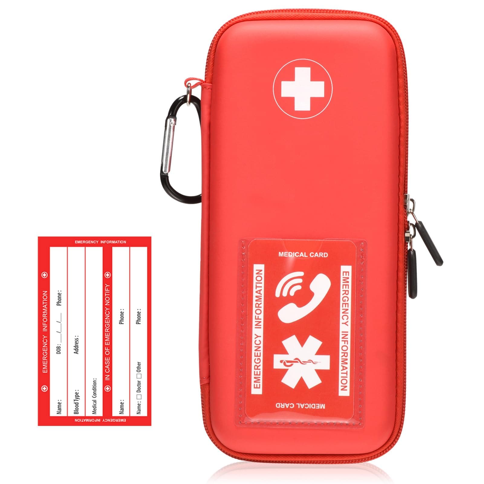 Fukumi EpiPen Carry Case, Hard Emergency Medical Bag with Carabiner-for 2 EpiPens, Asthma Inhaler, Auvi-Q,Eye Drops,Anti-Histamine,Allergy Medication,Diabetes Travel Case for Adults and Kids,Red