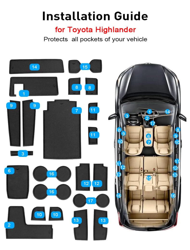 MOCHENT Liner Accessories for Toyota Highlander 2024 2023 2022 2021 2020, Custom Fit Cup Holder, Center Console, and Door Pockets Rubber Inserts Pad Mat Kit (Bench Seat,Black Trim) - 22 PC Set