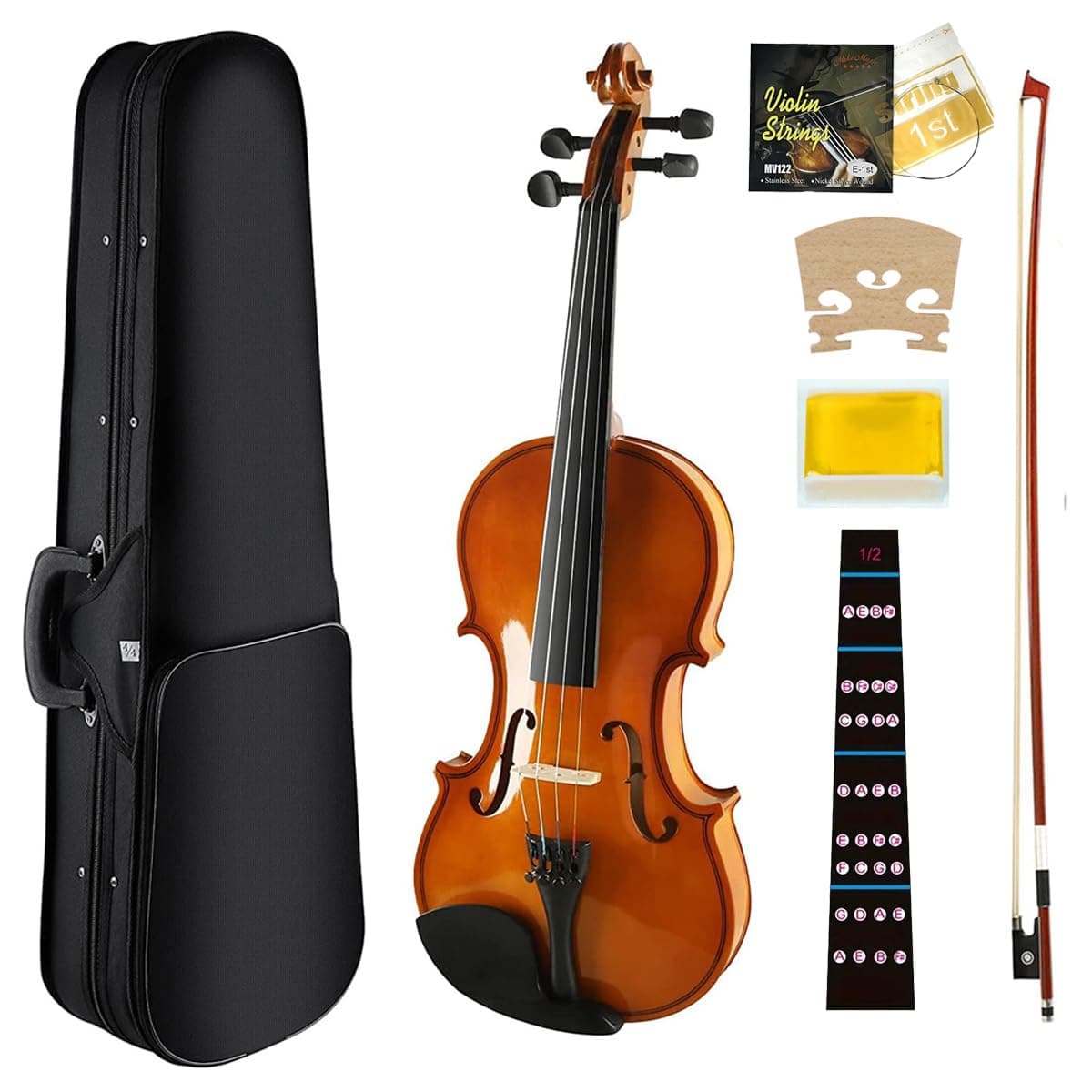 Mike Music 1/2 Violin Set Full Size for Beginner Student Fiddle Starter Kit for Kids Adults with Brazilwood Bow, Extra E-1st String, Violin Sticker, Bridge, Rosin and Lightweight Case