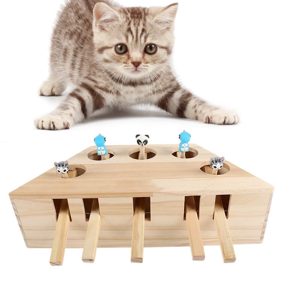 Cat Toys Interactive Mouse Whack A Mole Mouse Solid Wooden Puzzle Box Cat Exercise Toy with Cute Cartoon Toys for Cat Kitten Hunting Playing Scratching Bite (5 Holes)