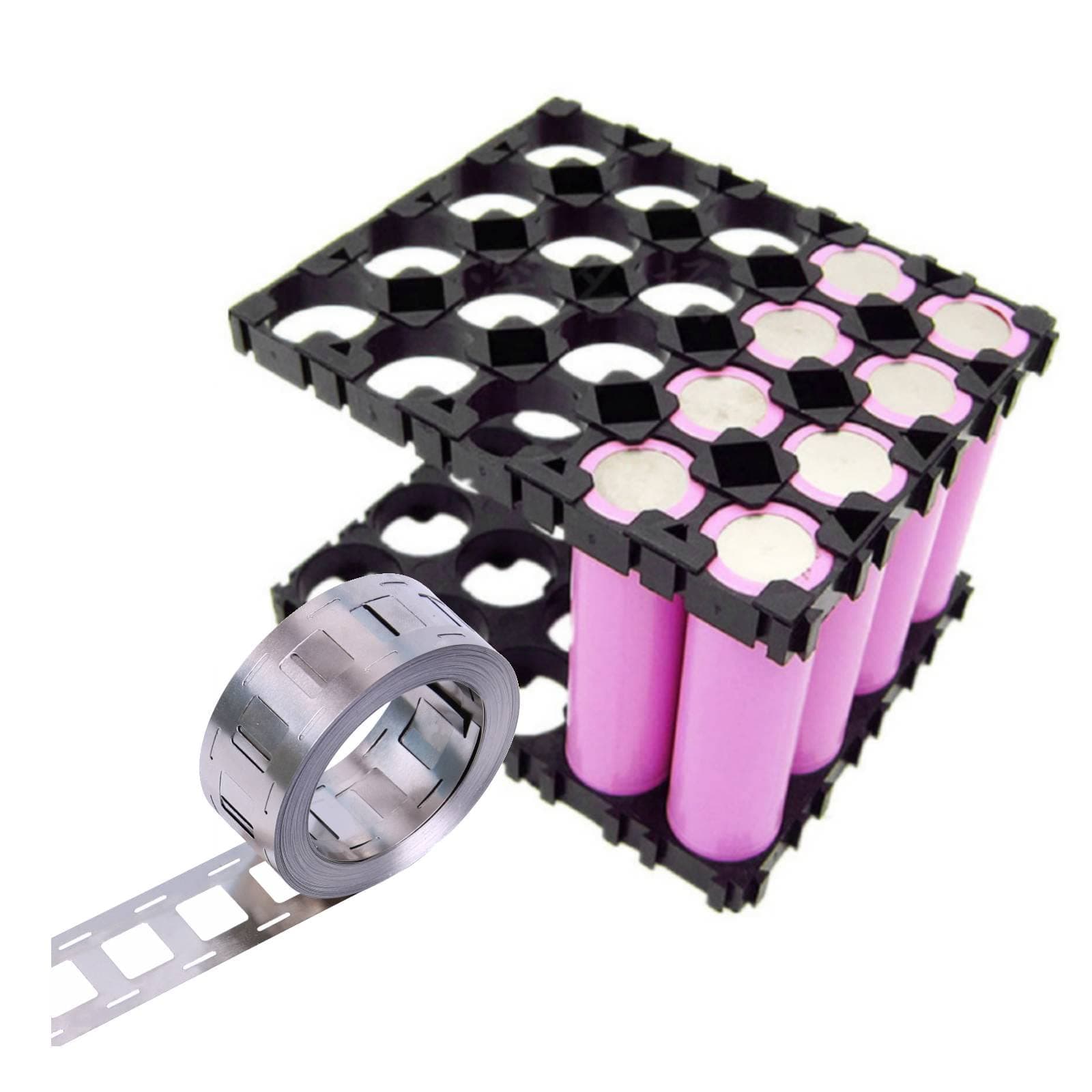 Fdit Lithium Battery Holder & 6.6 ft Coating Strip Tape, Battery Pack Holder Cell Battery Stand with 2 m 2P Welding Nickel Strips, Pack of 100