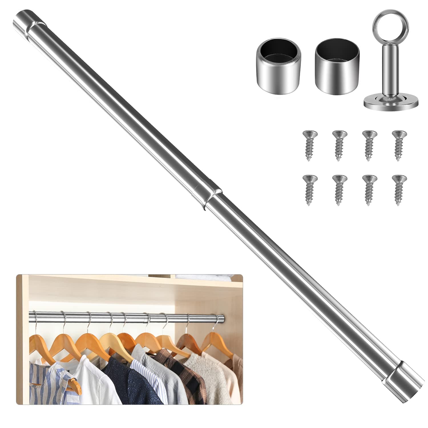 WAENLIR 112cm-210cm Extendable Stainless Steel Wardrobe Rail, Adjustable Clothes Rail Pole With End Sockets.