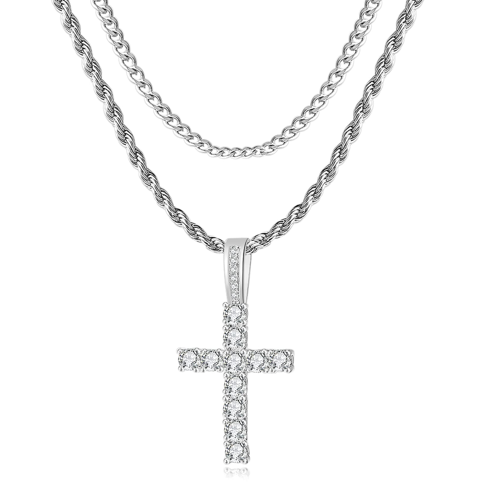 Cross Chain for Men 14K Gold Silver Plated Solid Iced Out 5A+ Cubic Zirconia Stainless Steel Cuban Link rope Layered Chains 16-24 Inch Large Cross Diamond Pendant Nceklace Jewelry Gifts