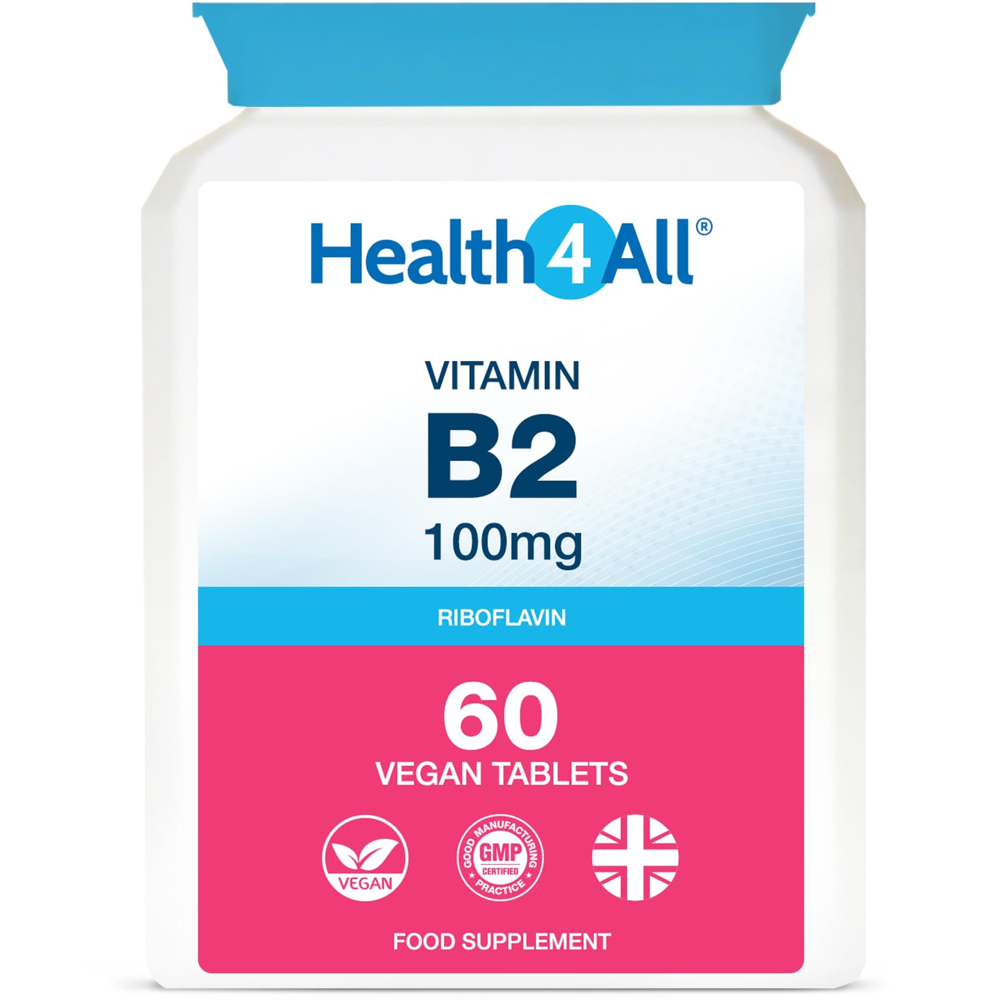 Health4All Vitamin B2 Riboflavin 100mg 60 Tablets - Energy, Stress and Migraine Support, Contributes to Reduction of Tiredness & Fatigue, Vegan, Gluten-Free VitB2 Supplement | Made in UK