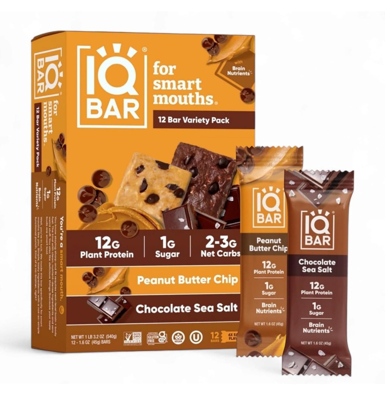 Iq-BAR Brain and Body Keto Protein Bars Variety Pack- Chocolate Sea Salt and Peanut Butter Chip - 12 Count Energy Bars - Low Carb Protein Bar - High Fiber Vegan Bars Low Sugar Meal Replacement Bar.