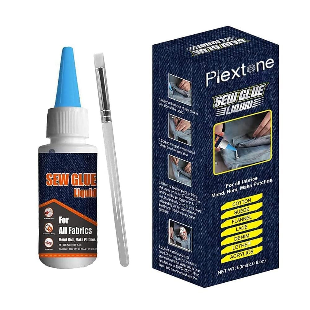 Plextone 1 Min Quick Bonding Fast Dry Sew Glue Liquid Natural Latex Glue Reinforcing Adhesive Speedy Fix for All Fabrics Clothing Cotton Flannel Denim Leather Polyester Doll Repair (60ml)