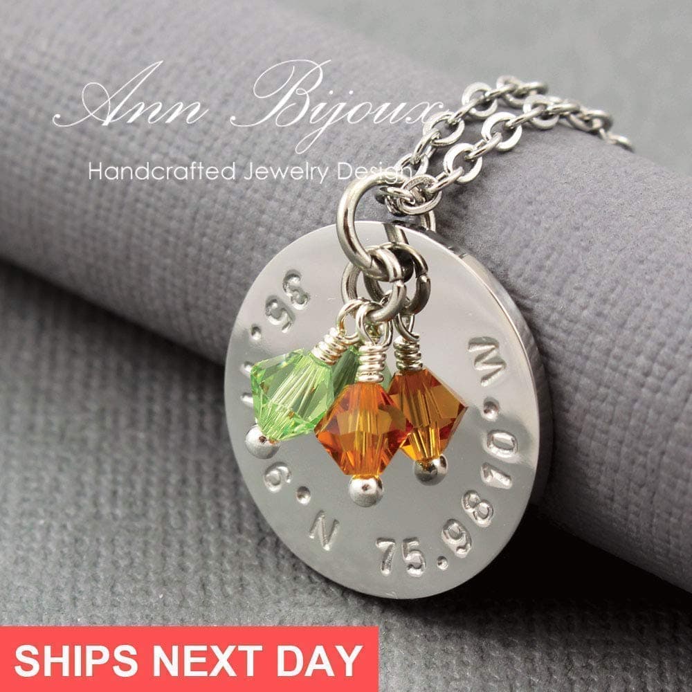 Stainless Steel GPS Coordinates Necklace Hand Stamped Latitude and Longitude Jewelry Faceted Birthstone Charm Personalized Gift Jewelry For Her