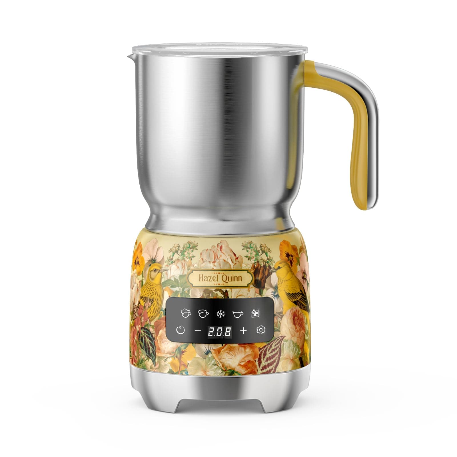 Hazel Quinn Milk Frother, Detachable Hot & Cold Frother and Steamer, 5-in-1 Functionality, Adjustable Temperature & Thickness, LED Touch Control, Dishwasher Safe, 400ml / 13.5oz - Floral Printed