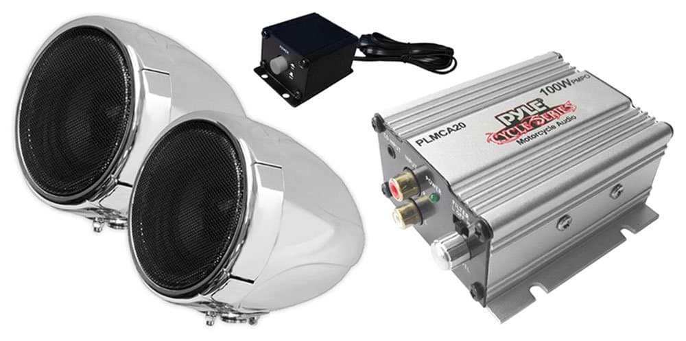 Pyle Motorcycle Two 3 Inch Speakers, 50 Watt, All-Terrain, Weatherproof Speaker and Amplifier Sound System, Handlebar Mount, FM Radio for ATV, Snowmobile, Scooter, Boat, Waverunner, Jetski (PLMCA20)