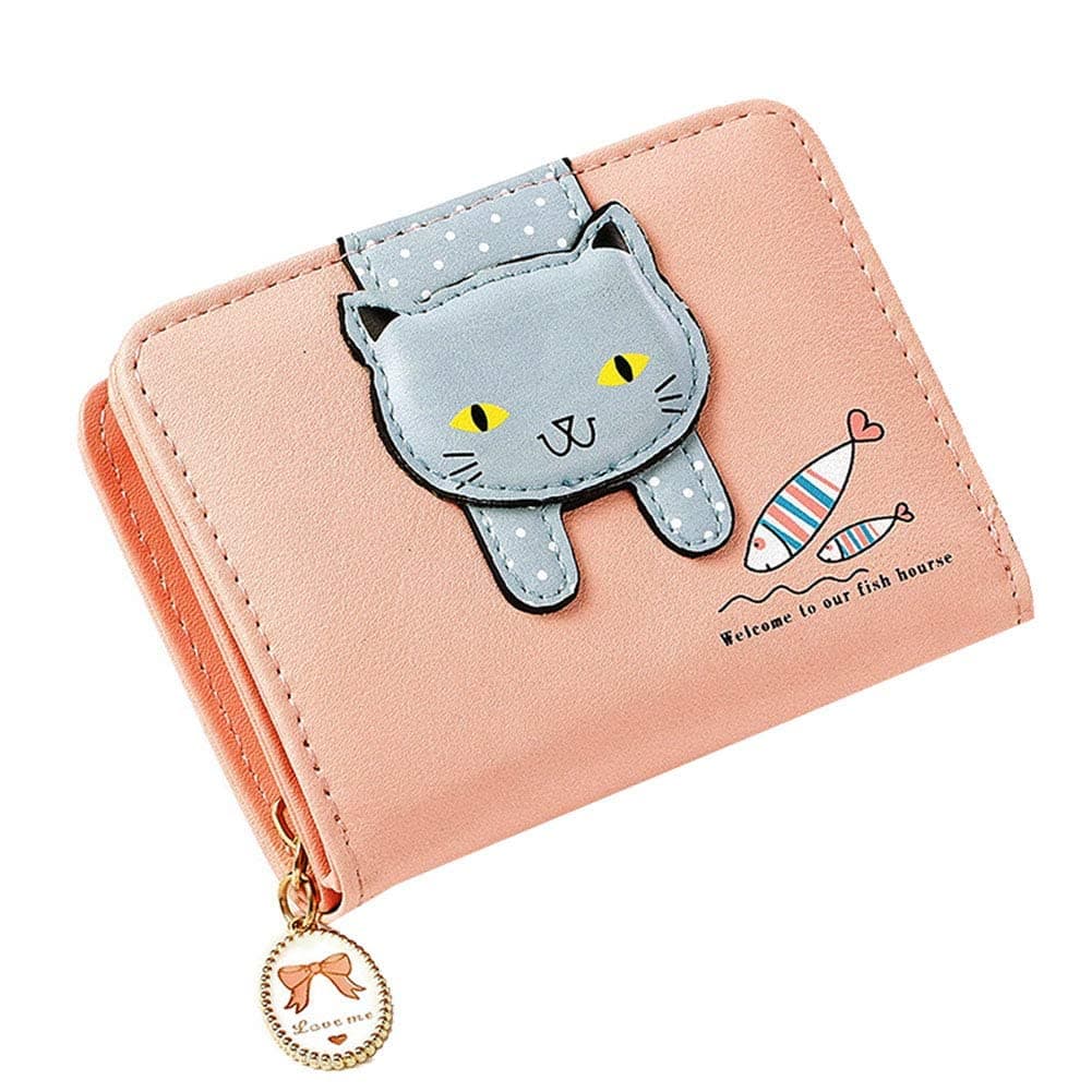 HjkiopcGirls Women Faux Leather Small Wallet Cute Cat Pattern Clutch Purse Coin Holder Card Organizer,Bifold (Pink)