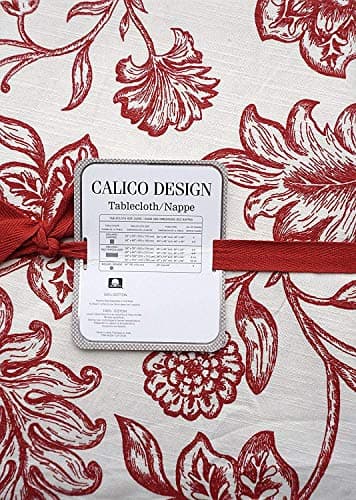 Fabric Tablecloth Jacobean Floral Toile Block Print Pattern Red on Cream/Off-White - 60 Inches by 102 Inches