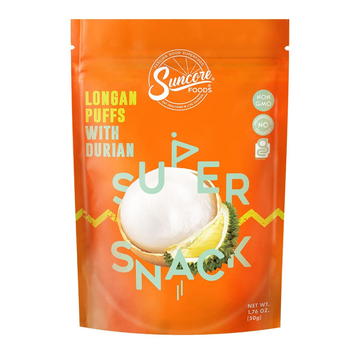 Suncore Foods Longan Durian Puffs Supersnack, Gluten-Free, Non-GMO, 1.76oz (1 Pack)