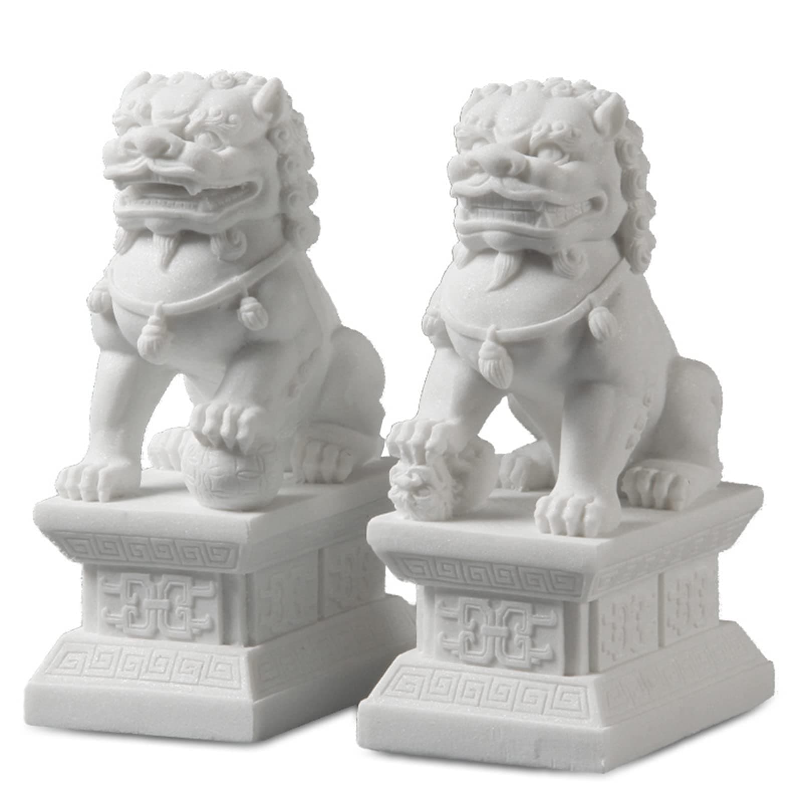 Feng Shui Wealth Prosperity Pair of Peking Fu Foo Dogs Statues White Stone Jade, Warding Off Evil Energy, Feng Shui Decor Figure,Gray,11cm
