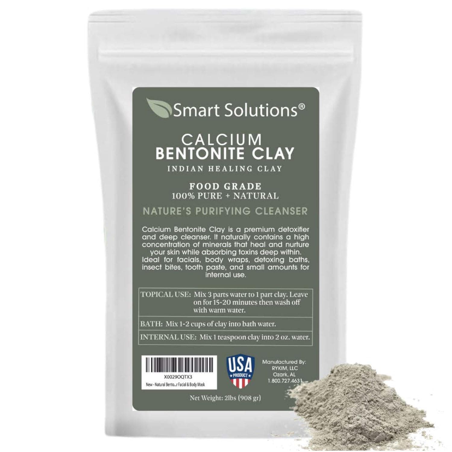 SMART SOLUTIONS Calcium Bentonite Clay, 2 lb Pure Indian Healing Clay - All Natural for External Use | DIY Facial Treatments, Deodorants, Hair Masks