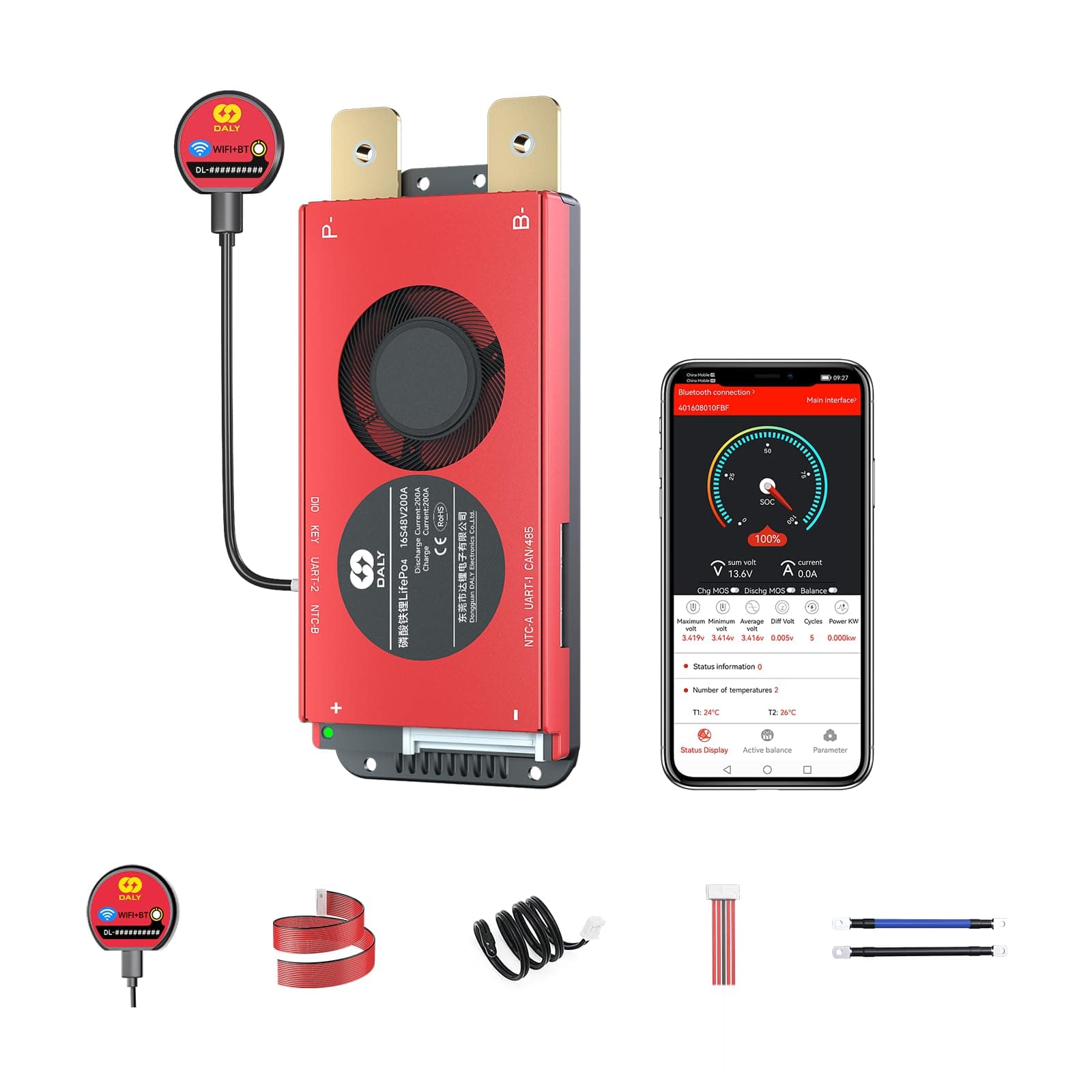 DALY Smart BMS 4S-16S 40A-500A with WiFi Module and CAN 485 Communication Protection Board for LifePO4 Lithium Battery Pack (Smart BMS 16S 48V,200A)