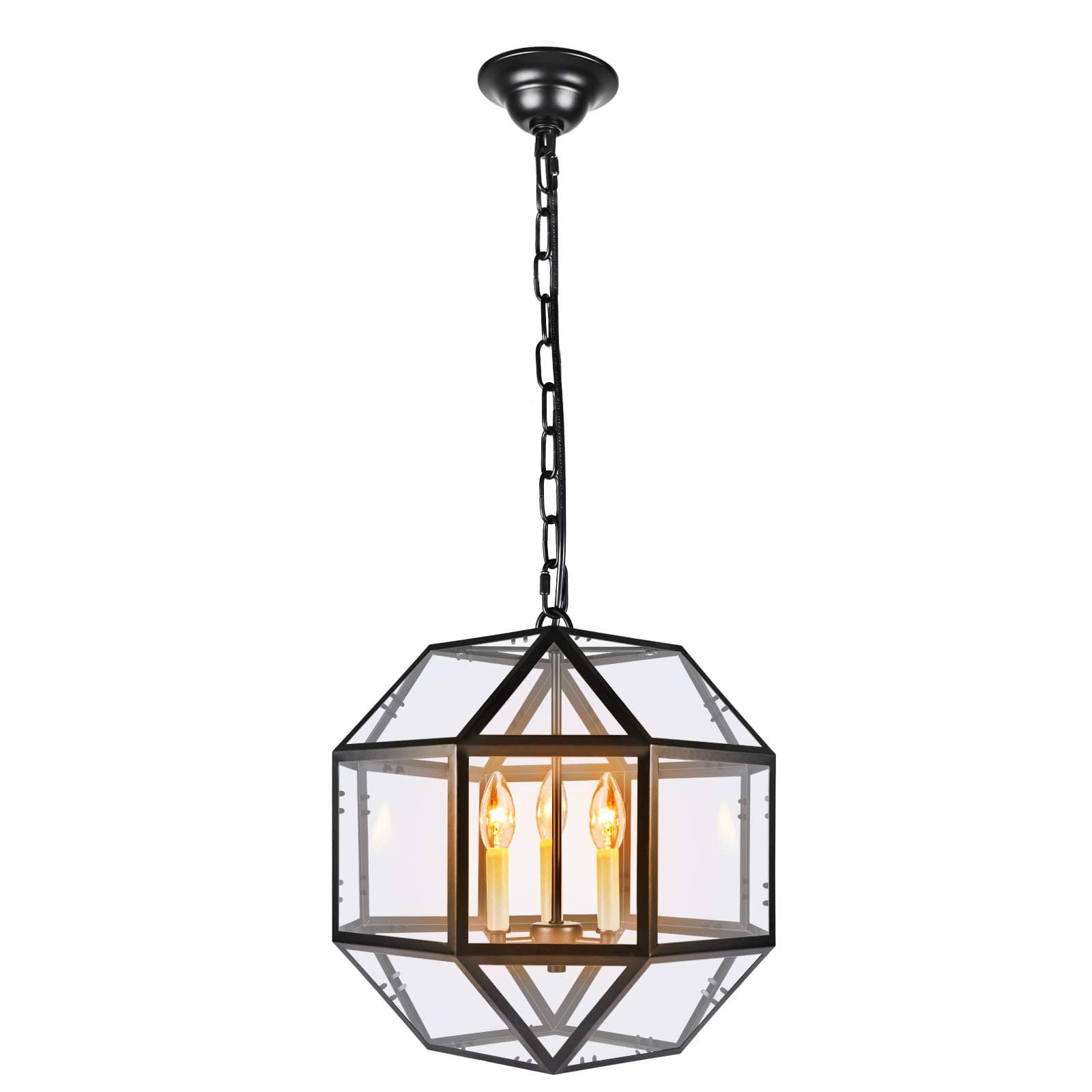 3-Light Black Lantern Pendant Lighting with Clear Glass, Adjustable Industrial Chandelier for Kitchen, Dining Room and Living Room, Hanging Light Fixture, E12 Base (Bulbs Not Included)