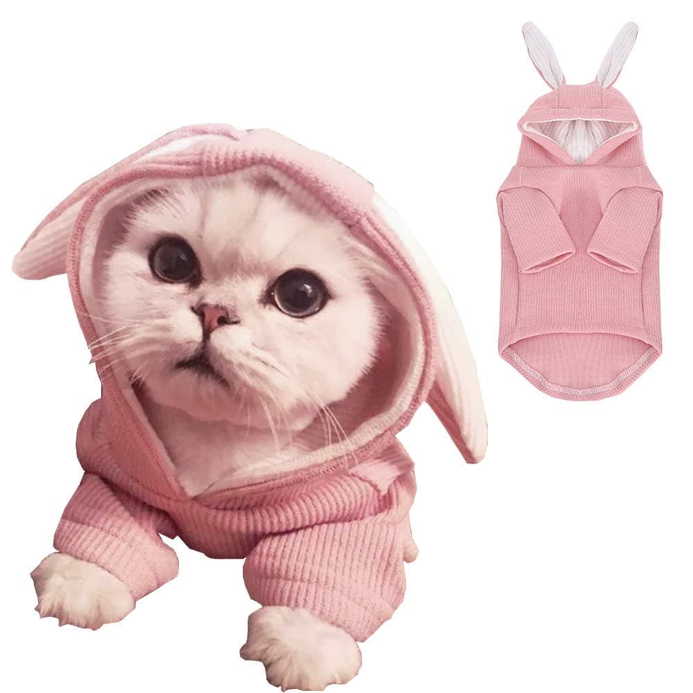 ANIACANIAC Pet Hoodie Cat Rabbit Outfit with Bunny Ears Cute Sweatshirt Spring and Autumn Puppy Knitted Sweater Kitty Soft Knitwear (Small, Pink)
