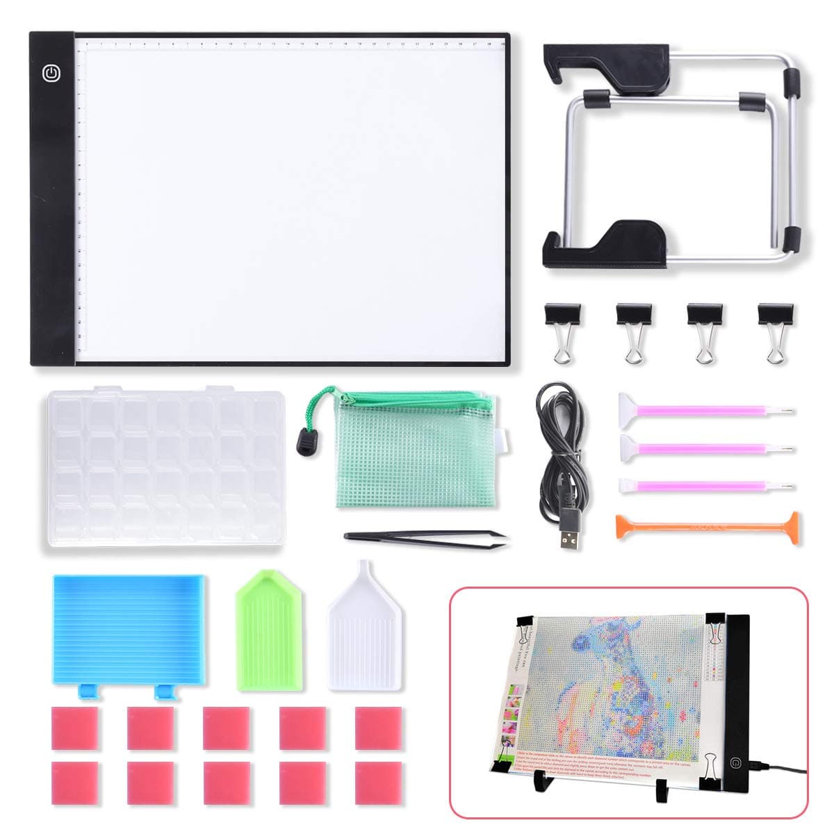 A4 LED Light Pad Light Board Tracing Light Box LED Light Tablet, Dimmable Light Board Kit with Diamond Painting Tools, Stand Holder and Clips, Apply to DIY 5D Diamond Painting Sketching Drawing
