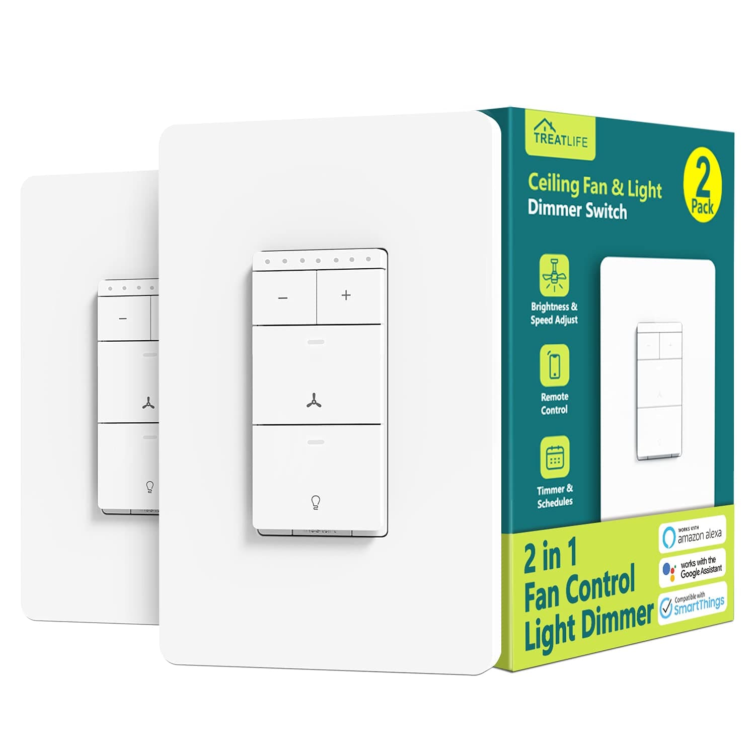 Smart Ceiling Fan Control and Dimmer Light Switch 2PACK, Neutral Wire Needed, Treatlife Single Pole Wi-Fi Light Switch Fan...