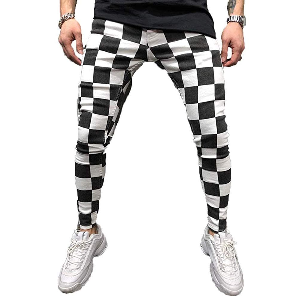 Men Slim Fit Black White Striped Plaid Pants Casual Elastic Waist Trousers Running Workout Gym Shorts with Pockets