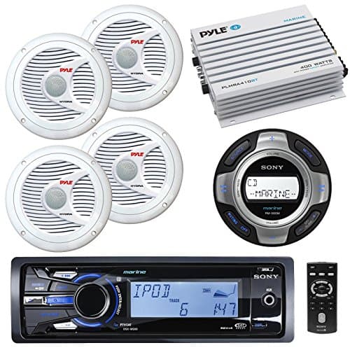 Sony DSXMS60 Marine Boat Yachht MP3 USB iPod iPhone Stereo AM/FM Radio Receiver & Sony RMX60ML Wired Remote Commander Marine Audio Stereo Controller With 4 X 6.5" Inch Marine Boat Yacht Outdoor Stereo Speakers System And Marine Boat Amplifier,400 Watt 4-C