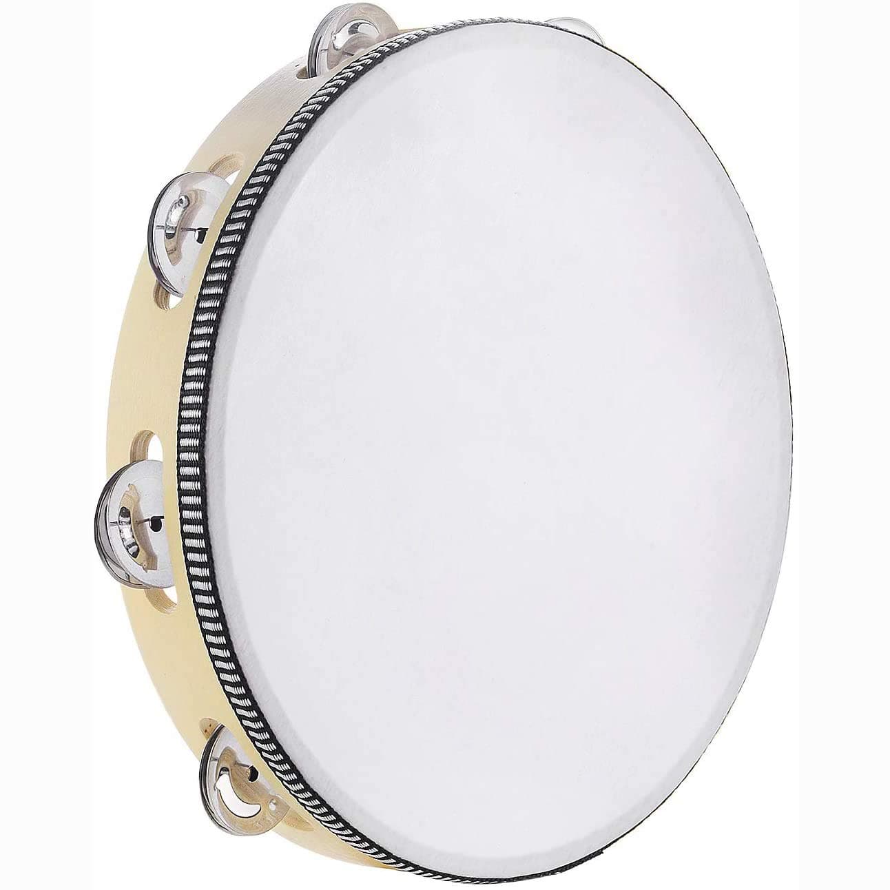 Angju Tambourine 25cm Hand Held Drum Bell Birch Metal Jingles Percussion Gift Musical Educational Instrument for Church KTV Party
